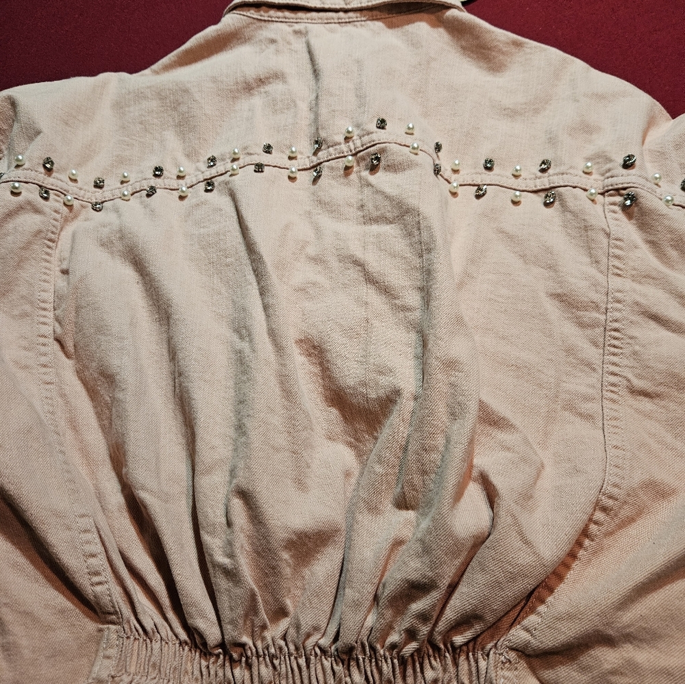 BiBi blush pearl/bling distressed denim jacket. Size small - Picture 4 of 7